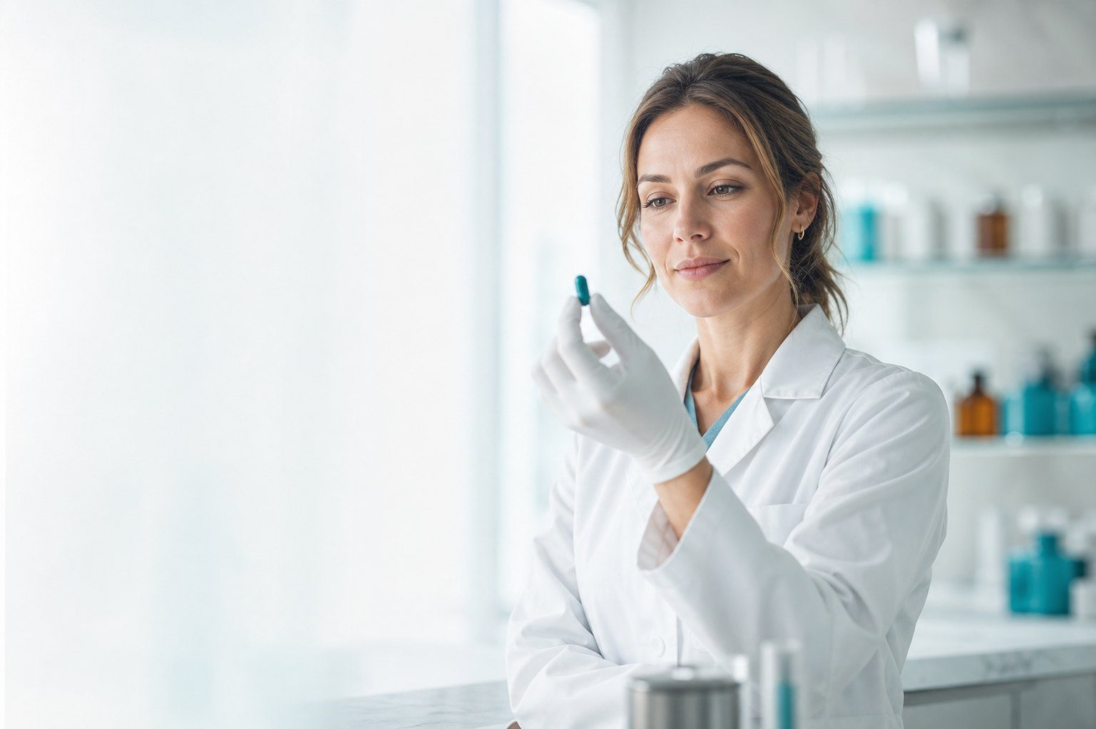 Farmacêutica avaliando uma cápsula manipulada no laboratório da A Fórmula